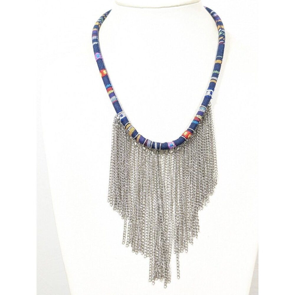 Boho Fringe Necklace Tribal‎ Fabric Cord Waterfall  Chain Statement Festival 23"